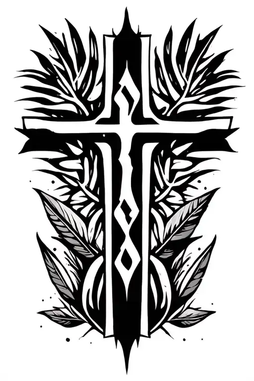 cross, palms leaves and yeshua in hebrew text tattoo design idea