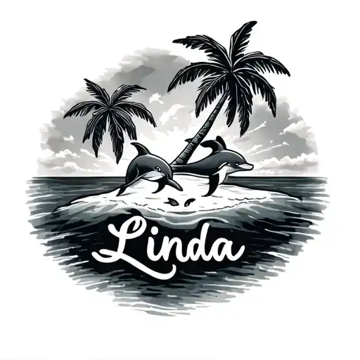 island with palm trees, 2 small dolphins and name Linda written on sand tattoo design idea