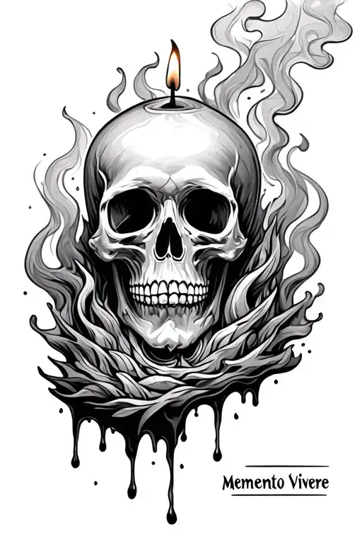 Melting candle with smoke forming memento mori, Flame area with memento vivere tattoo design idea