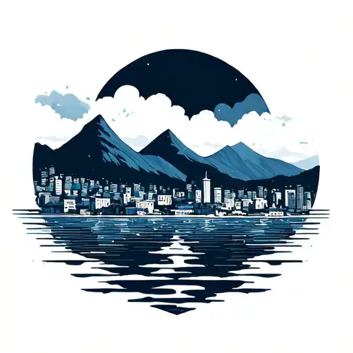 the sea, a small city on the shore and some mountains on the background tattoo design idea