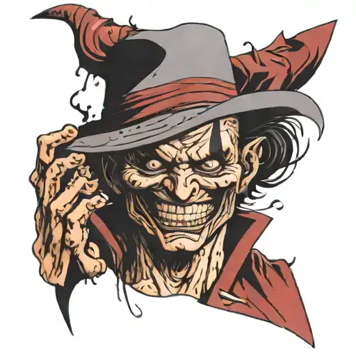 Make me an image of a tattoo of half Freddy Krueger and half joker with a Japanese mask next to it scary tattoo design idea