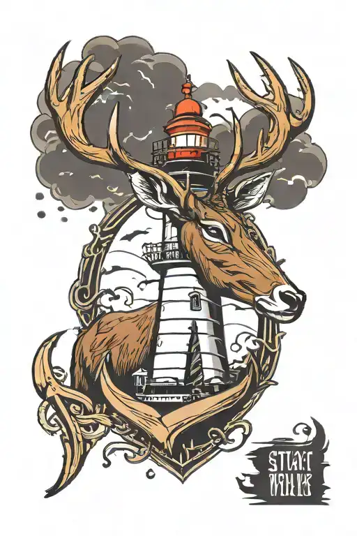lighthouse background with an anchor underneath. a stag head in front of lighthouse  tattoo design idea