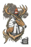 lighthouse background with an anchor underneath. a stag head in front of lighthouse  tattoo design idea