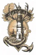 lighthouse background with an anchor underneath. a stag head in front of lighthouse  tattoo design idea
