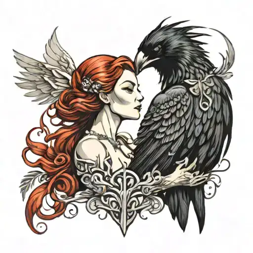 Both raven with black hair and white phoenix of the crown jean grey with red hair from marvel holding each other intimat tattoo design idea