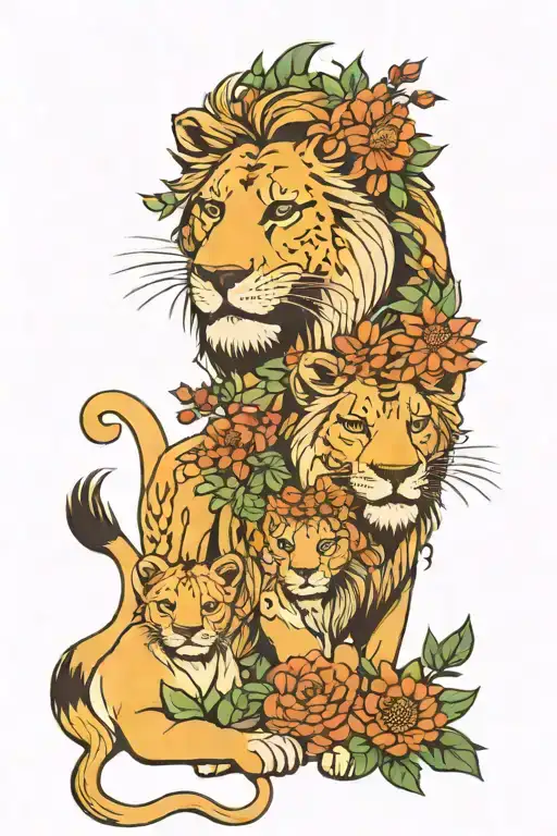 A Lion with a flower garland in its mane. Lioness and Lion cub have a sun flowers in their hair tattoo design idea