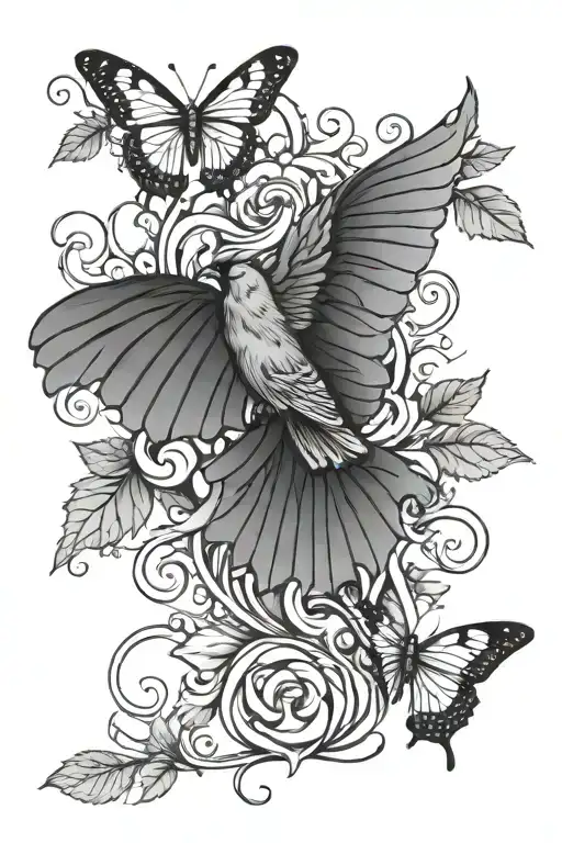 vines spiraling around arm with a cardinal and 3 butterflies  tattoo design idea