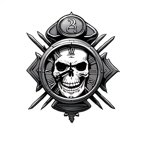 firefighter skull clock tattoo design idea