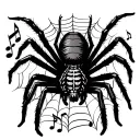 Create a black tattoo with a spider  using its web to make the music staff tattoo design idea