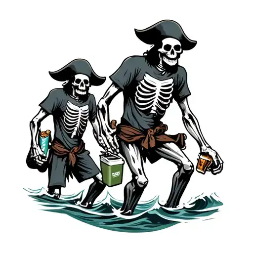 skeleton pirates walking out of the ocean holding a beers and a cooler with ripped t shirts tattoo design idea