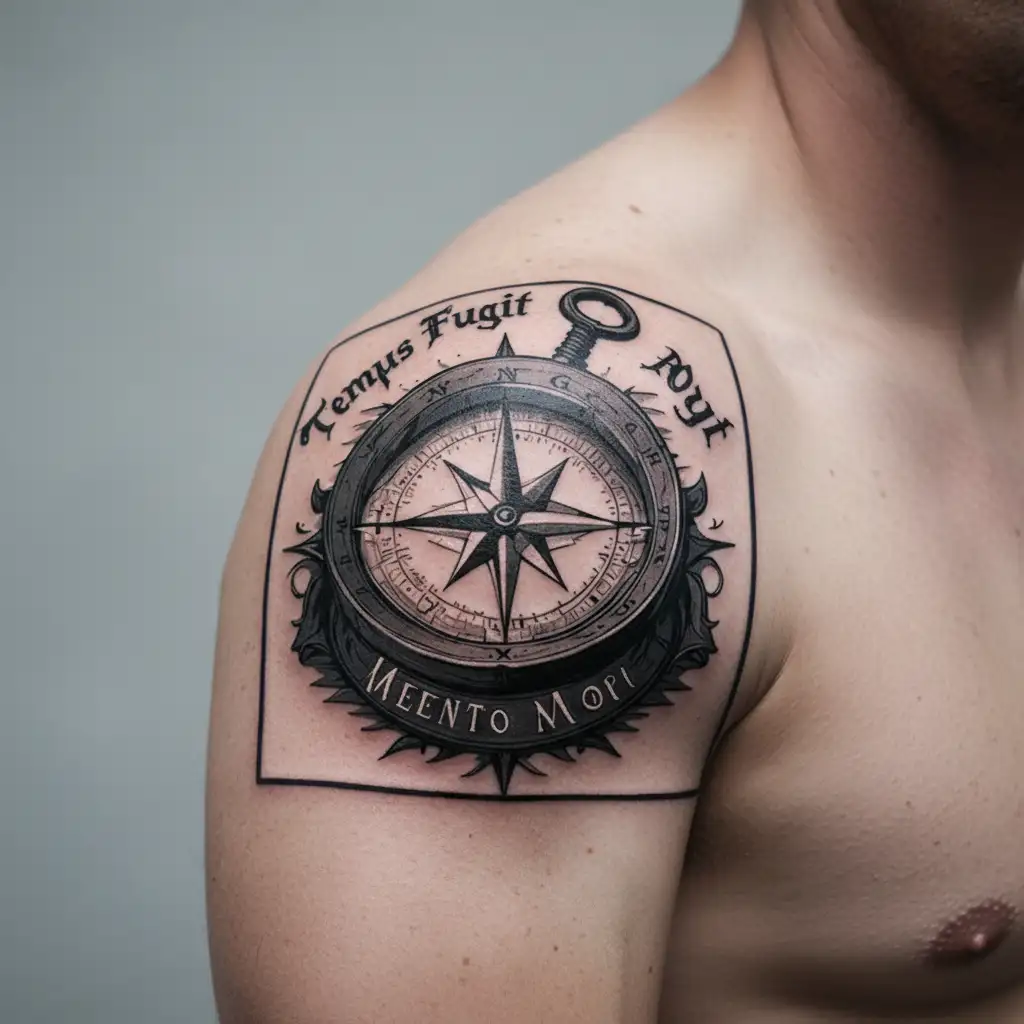 Compass with text "Tempus Fugit" above and "Memento Mori" underneath  tattoo design idea