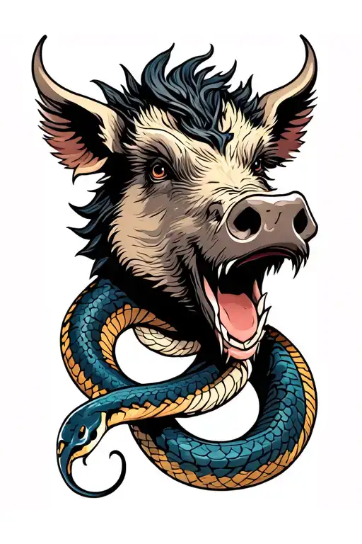 Boar head with snake tattoo design idea