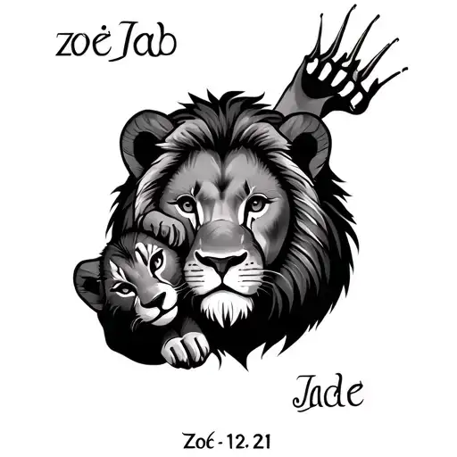 "Zoë Jade 06-12-21" male lion holding cub one paw claw out tattoo design idea