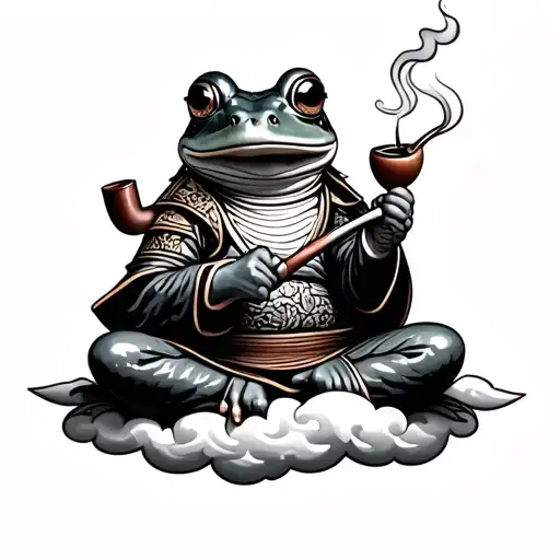 Japanese frog dessed as a samurai smoking on pipe while sitting on a cloud tattoo design idea