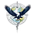An eagle and a raven surrounding the planet Earth. And a snake in the center tattoo design idea