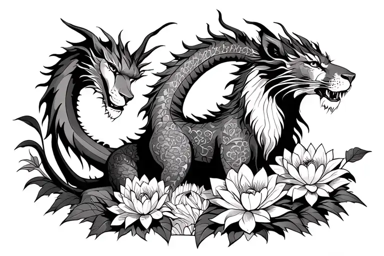 Dragon next to a lioness with dahlias and lotuses and lilies  tattoo design idea