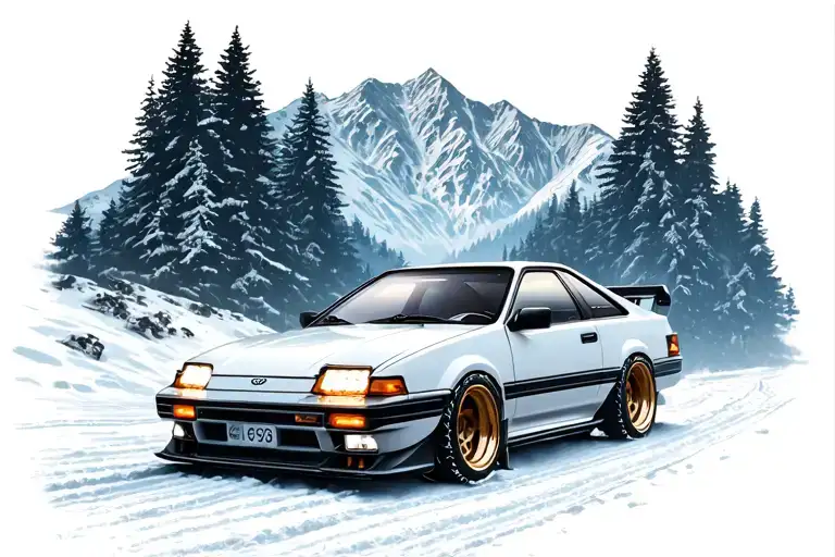 Toyota Treeno AE86 Initial D with Popup headlights in the snowy mountains tattoo design idea