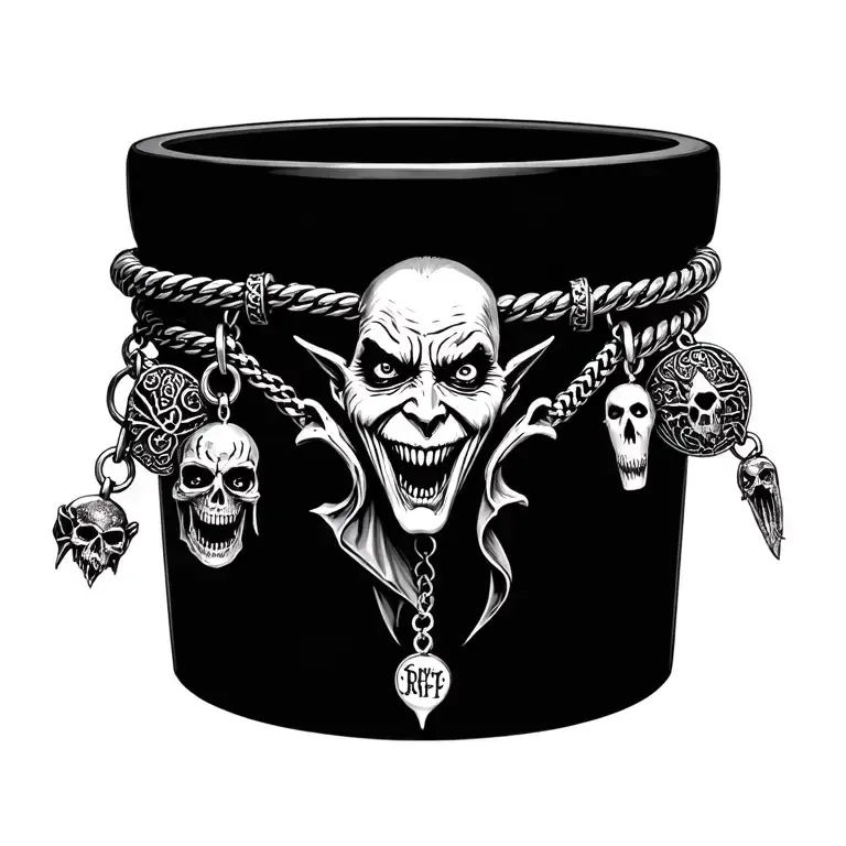vampire bit with a charm bracelet with difrent horror theamed charms tattoo design idea