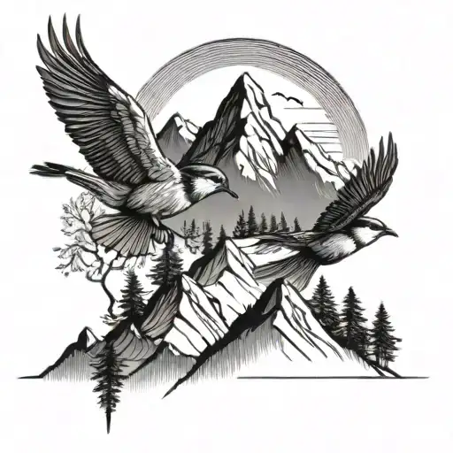 mountains trees birds flying tattoo design idea