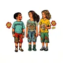 Give my am example of a forearm tattoo with illustrated characters with a late 90s early 00s atheistic of my five kids  tattoo design idea