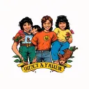 Give my am example of a forearm tattoo with illustrated characters with a late 90s early 00s atheistic of my five kids  tattoo design idea