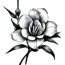 fine line tattoo freesia flower with cursive 224 incorportated into the stem tattoo design idea