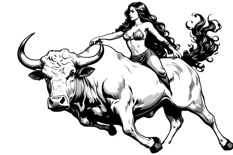 woman with long dark hair on a big bucking bull tattoo design idea