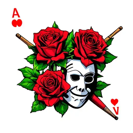 a group of 4 roses interlaced with thorns with an ace of hearts thrown in there and a Joey Jordison mask with drumstick tattoo design idea