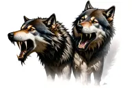 two fighting wolves in full growth with big fangs evil tattoo design idea