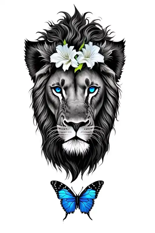 lion, gladiolus with a butterfly over the Lions nois and the lions eyes blue and the wing on the butterfly fo  tattoo design idea