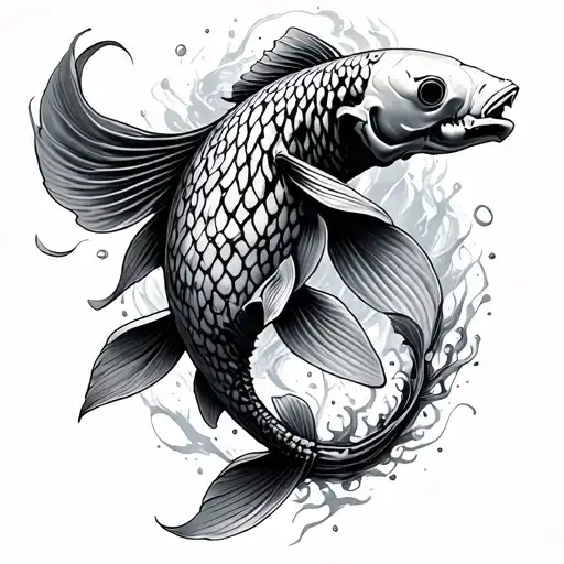 koi fish with bottom half turning into skeleton and disintegrating  tattoo design idea