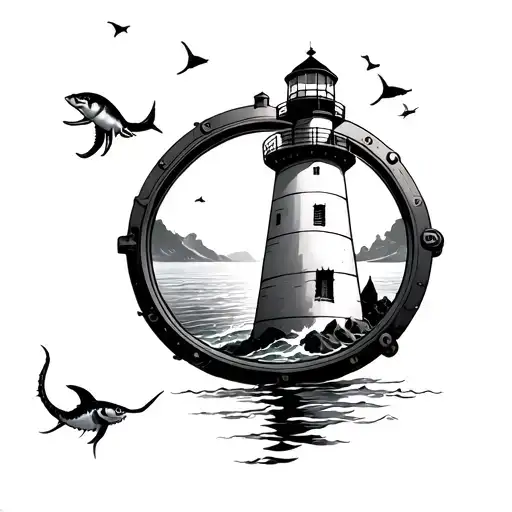 lighthouse with porthole in the behind it and sea creatures swimming by tattoo design idea