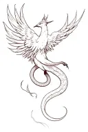 Phoenix  smoking and snaking acorss upper thigh tattoo with a longer firey tail in black and white tattoo design idea