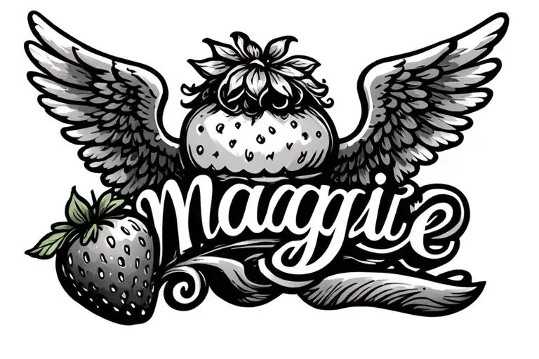 the name "maggie" with angel wings. Include a strawberry. tattoo design idea