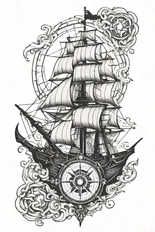 kraken pirate ship compass tattoo design idea