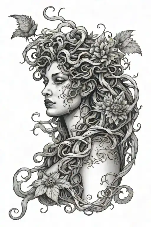 Medusa as a statue full body with angel wings and wrapped in thorn vines with dahlias tattoo design idea