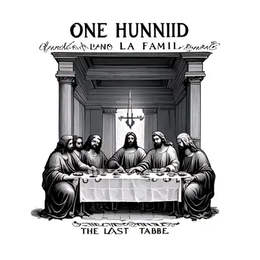 tattoo that says one Hunnid la familia that has Jesus at the last supper table tattoo design idea