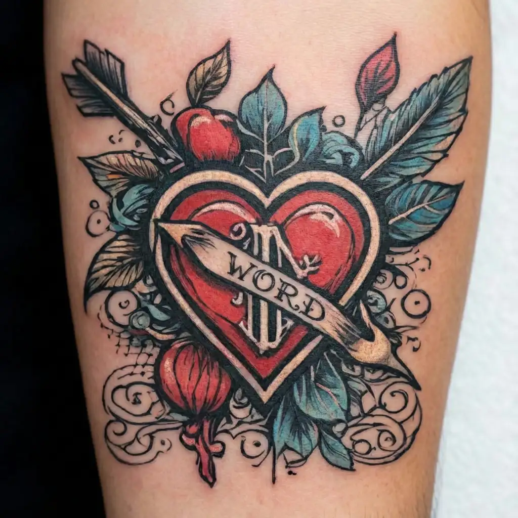 two hearts with initials A and N with an arrow connecting the two hearts and a date 18~05~23 tattoo design idea