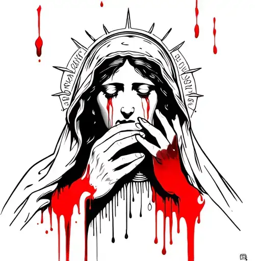 Virgin Mary crying blood into hands tattoo design idea