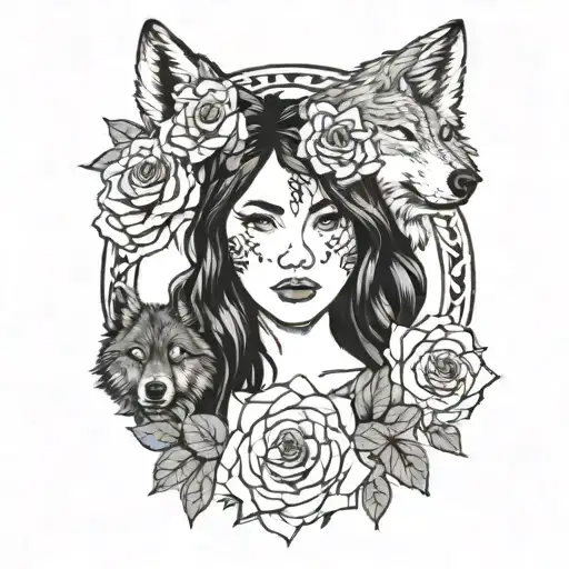 Amanda surrounded by a wreath of roses and black iris flowers, with a native american inspired wolf design in the background tattoo design idea