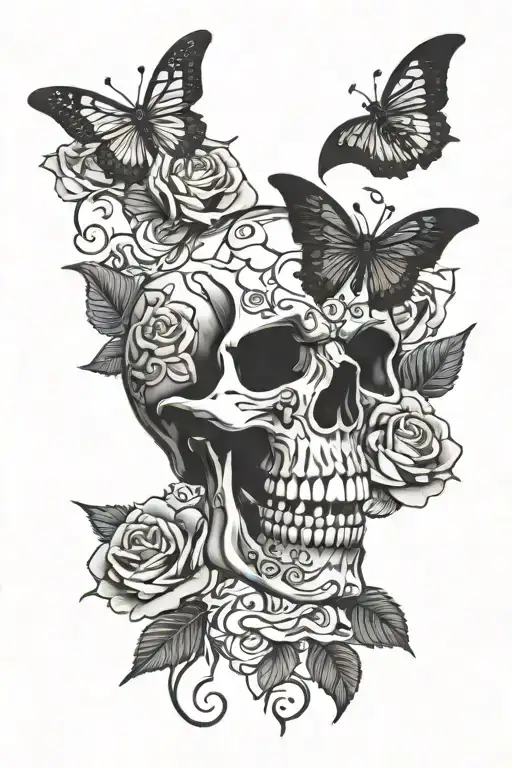 roses skull mantle wings horns tattoo design idea