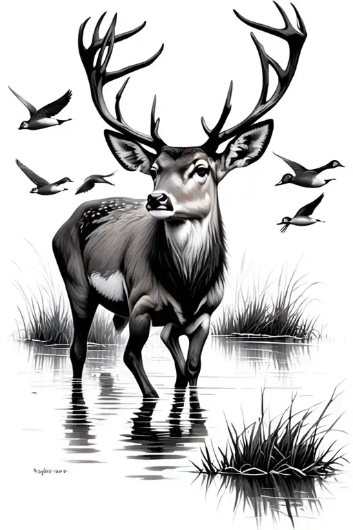 deer walking through marsh with ducks flying  tattoo design idea