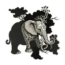 elephant covered by a tree intertwined tattoo design idea