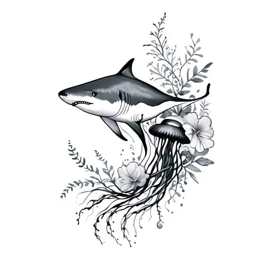 oceanside florals and plants with manta ray, shark, and jellyfish to wrap from collarbone to shoulder to upper arm tattoo design idea