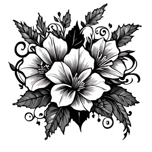 detailed flowers and swirls art deco gang tag with cursive writing and lillys foliage Dali style tattoo design idea