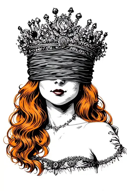 a blind queen with ginger hair wearing a blindfold covering her eyes tattoo design idea