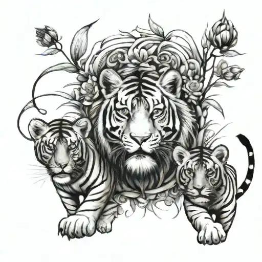 Tigress with two lion cubs in nature full-length on a hunt black and white tattoo design idea