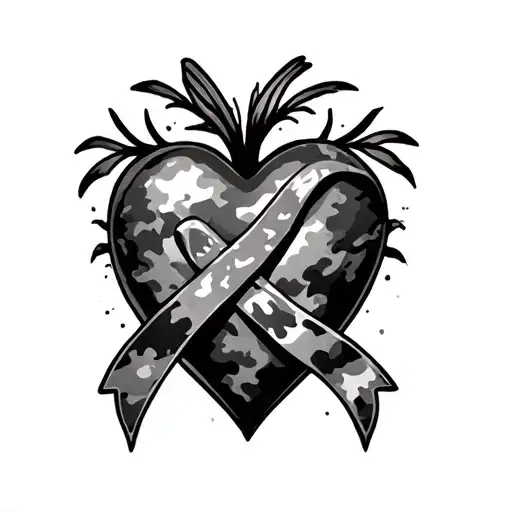 military camo heart with cancer ribbon wrapped around it tattoo design idea