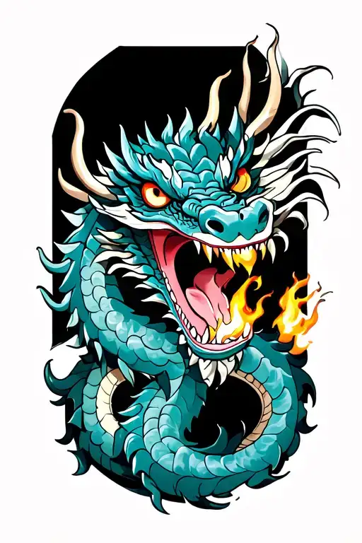 asian dragon with detail of a dia.ond and fire from mouth tattoo design idea