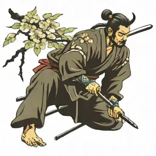 samurai warrior welding a sword under s cherry blossoms tattoo design idea